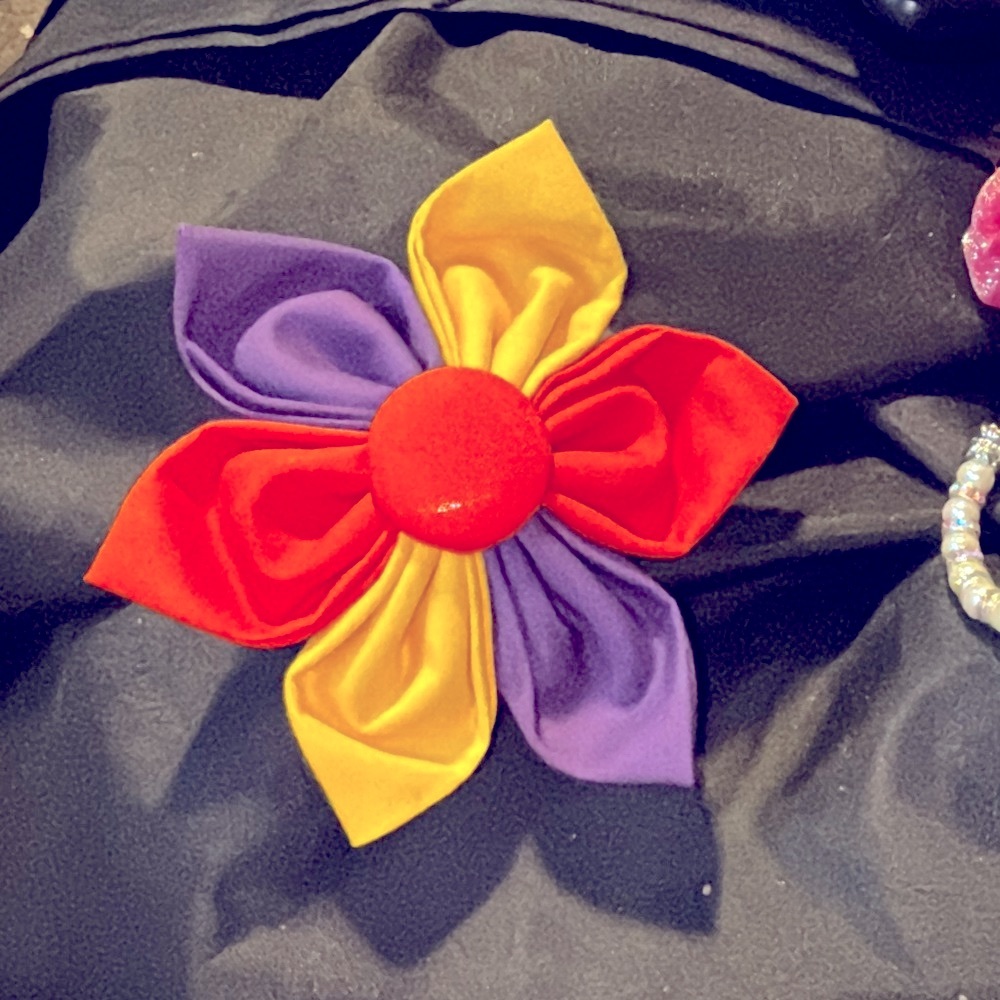 Colorful Floral dog collar bow very bright colors purple orange and yellow